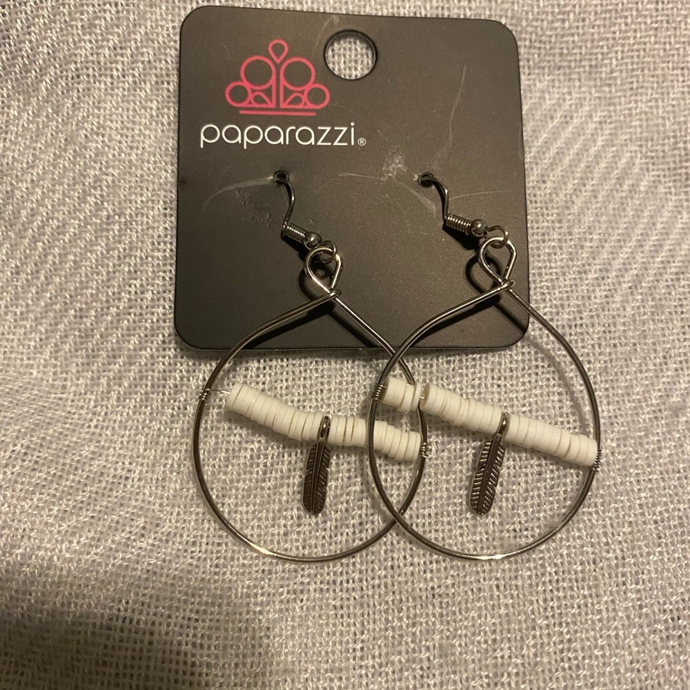 Paparazzi Silver Hoops with White Accents